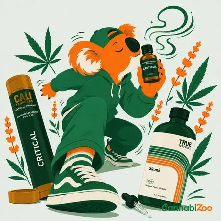 Illustration av en koala som håller flaskor med terpener omgiven av cannabisblad, som representerar naturliga terpener, deras arom och deras roll i cannabisextrakt