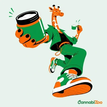 Eine Giraffe mit Kollagen; das CannabiZoo-Logo befindet sich unten rechts