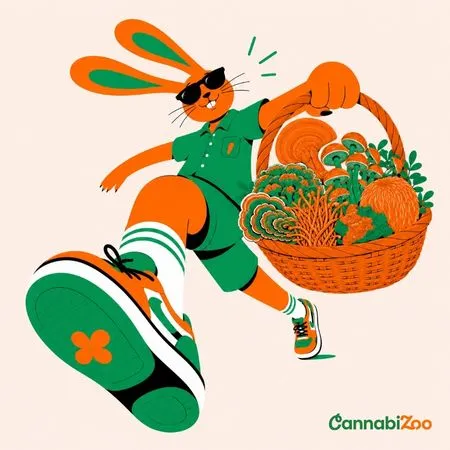 Zajíc nese košík plný jedlých a medicinálních hub – ilustrace ve stylu CannabiZoo