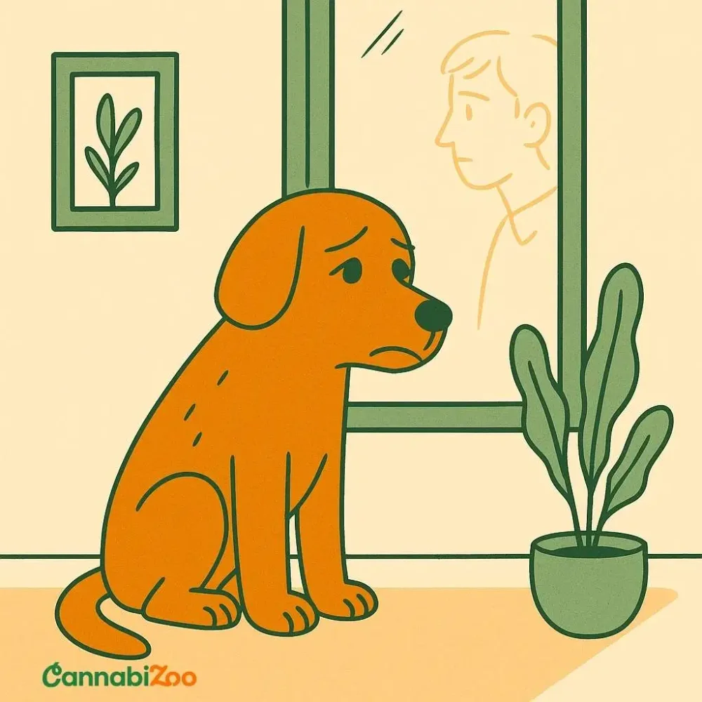Illustrated image of a dog suffering from anxiety, dog waiting at home for its owner