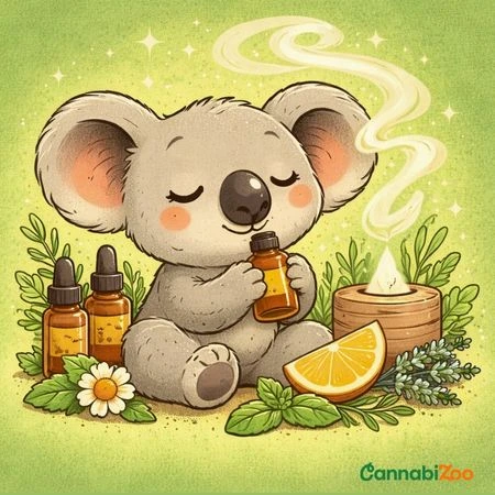 Crtić koala koji njuši bočice terpena, logo CannabiZoo u donjem desnom kutu
