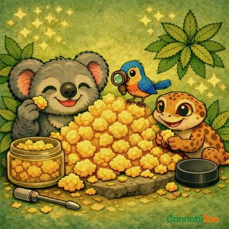 Koala, ještěrka, ptáček a crumble, vpravo dole logo CannabiZoo