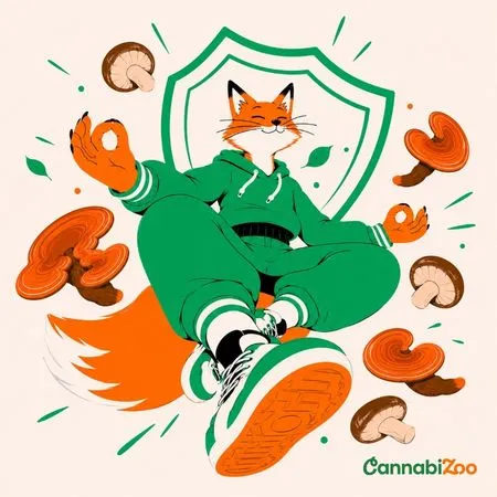 Liška obklopená medicinálními houbami reishi a shiitake jako symbolem ochrany organismu – ilustrace ve stylu CannabiZoo