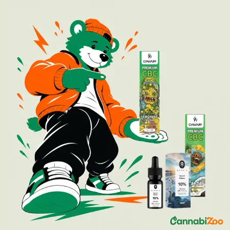 Egy medve CBC termékekkel: CBC vape-k és CBC olaj.