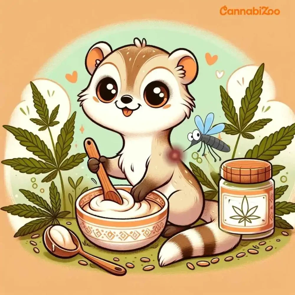 A cute weasel prepares a hemp ointment that has soothing effects, with hemp plants and a mosquito in the background