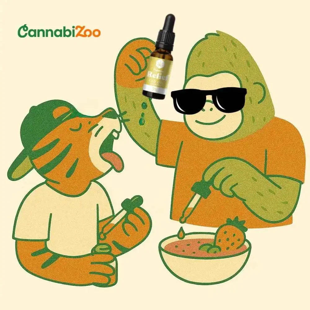 A tiger with its mouth open and tongue out, a gorilla holding full spectrum CBD oil from Happease and dripping it into its smoothie, which are ways CBD oils can be consumed