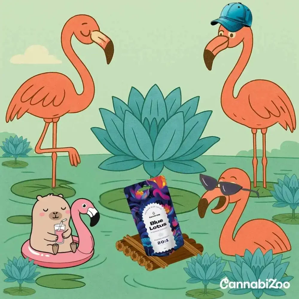 Plameňáci odpočívají u rybníka plného modrých lotosových květů, uprostřed kterého plave balíček Canntropy Blue Lotus (Nymphaea Caerulea) Powder Extract 20x, 5 g – 100 g, a malý bobr s nápojem odpočívá na nafukovacím plameňákovi, doplněném bílým logem CannabiZoo.