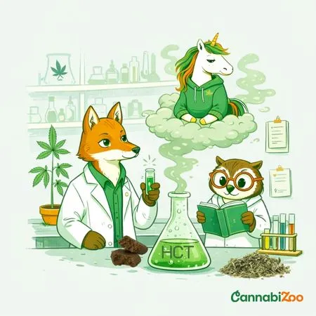 Εικονογράφηση ενός εργαστηρίου όπου μια αλεπού με ρόμπα εργαστηρίου και μια κουκουβάγια με γυαλιά παράγουν HCT σε ποτήρι ζέσεως, από το οποίο εμφανίζεται ένας μικρός μονόκερος – απεικόνιση του πώς δημιουργείται ο HCT υπό εργαστηριακές συνθήκες στο CannabiZoo