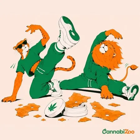 Ilustração de um guepardo e um leão com shatter, um concentrado de cannabis semelhante a vidro com textura quebradiça representando um dos extratos de cannabis mais conhecidos