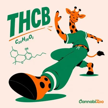 CannabiZoo stiliaus iliustracija – žirafa su THCB molekule, lydinti gidą apie THCB poveikį ir kuo jis skiriasi nuo kitų kanabinoidų