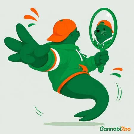 Image d'une loutre casquette se regardant dans un miroir de poche.