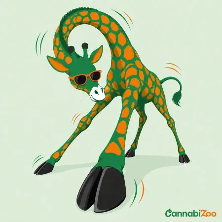 Image d'une girafe avec des lunettes de soleil regardant ses longues jambes.