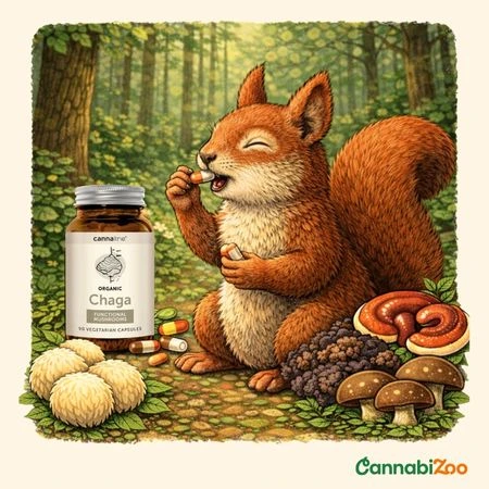 Un écureuil dessiné dans la forêt prenant des gélules, à côté d'un produit Chaga et de champignons médicinaux, logo CannabiZoo en bas à droite