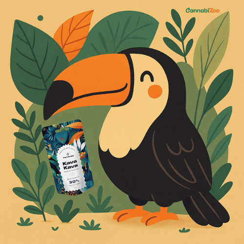 Illusztráció egy vidám tukánról trópusi környezetben levelekkel, mellette a Canntropy Kava Kava Root Extract 30% kavalakton termék.