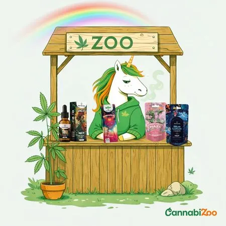 Εικονογραφημένος μονόκερος με φούτερ σε ένα ξύλινο περίπτερο του ζωολογικού πάρκου που εκθέτει διάφορα προϊόντα HCT όπως έλαιο, άνθη, στυλό ατμίσματος με φυσίγγιο, και μπλε λωτό με HCT, με το λογότυπο CannabiZoo κάτω δεξιά