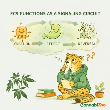 Guepard illustré en sweat avec une bulle de pensée montrant le fonctionnement du SEC, illustration du circuit de signal 