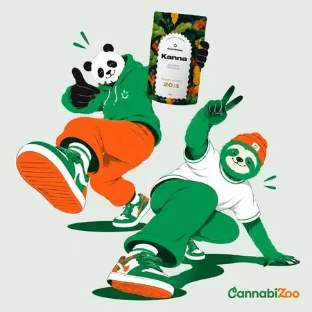 Lenivec v sončnih očalih in panda s kapo si ogledujeta različne oblike kanne – cvet kanne, prah in Canntropy ekstrakt kanne 20:1 in 100:1, z belim logotipom CannabiZoo spodaj desno