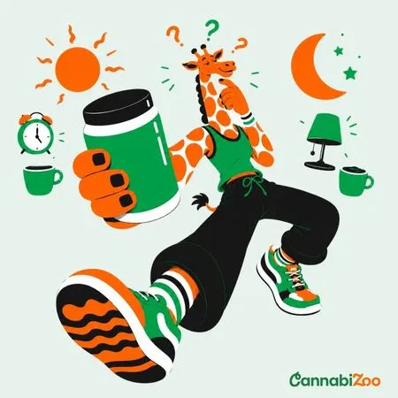 Eine Giraffe mit Kollagen, die sich fragt, ob man Kollagen morgens oder abends einnehmen soll; das CannabiZoo-Logo befindet sich unten rechts