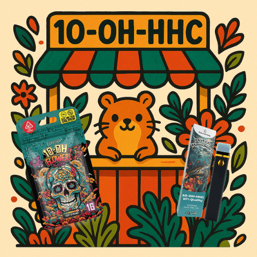 Весел хамстер продава продукти 10-OH-HHC на Canntropy на щанд.