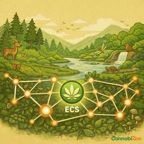 ECS kui ökosüsteem: mets loomadega ja võrgustik endokannabinoididest, retseptoritest ja ensüümidest, CannabiZoo logo paremal all