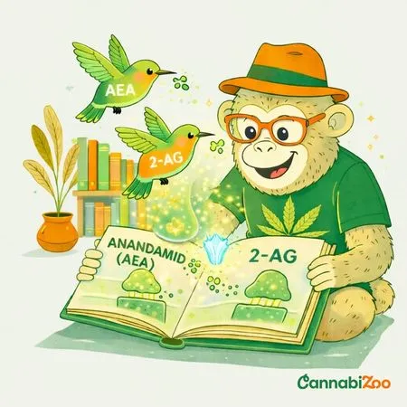 Un singe dans une bibliothèque étudie les endocannabinoïdes anandamide (AEA) et 2‑AG – des colibris illustrent le fonctionnement du système endocannabinoïde (SEC) et la transmission des signaux dans le corps ; le logo CannabiZoo est affiché en bas à droite