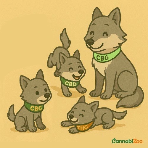 CBG kui kannabinoidide hundiemme kolme hundipojaga. CBC, CBD, THC, Canabizoo logo paremal all.