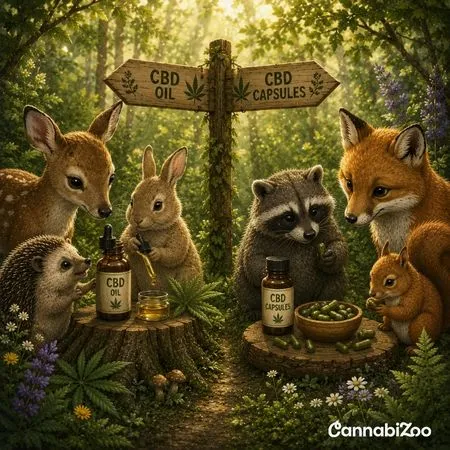 CBD capsules vs. CBD oil, on the left animals in the forest with CBD oil, on the right animals with CBD capsules