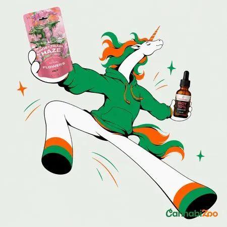Jednorožec drží HCT Ghost Train Haze kvety a HCT olej, ilustrácia v štýle CannabiZoo