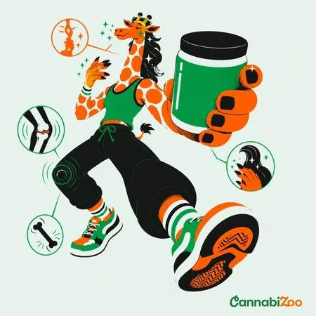 Eine Giraffe mit Kollagen, die veranschaulicht, wofür Kollagen gut ist (Haare, Haut, Nägel, Gelenke, Sehnen, Knochen); das CannabiZoo-Logo befindet sich unten rechts