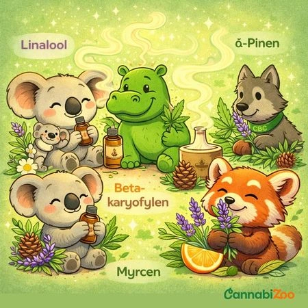 Crtić životinja, terpeni i nazivi terpena, logo CannabiZoo u donjem desnom kutu