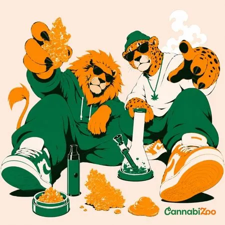 Ilustração de um leão e um guepardo com concentrados e extratos de cannabis, um dab rig, vaporizador e acessórios de dabbing demonstrando como os concentrados de cannabis são usados