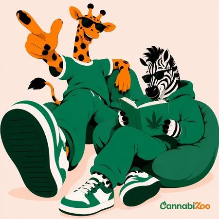 CannabiZoo stiliaus iliustracija – žirafa ir zebras mokosi apie kanabinoidą THCB, jo gamybą ir poveikį