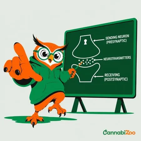 An illustrated owl stands next to a blackboard showing how the endocannabinoid system (ECS) works—how the endocannabinoids anandamide and 2-AG function and how signals are transmitted between cells; the CannabiZoo logo is in the bottom right corner