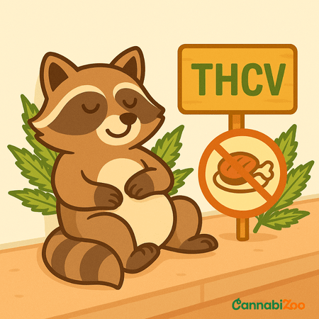 Un raccoon desen animat stă confortabil, ținându-se de stomac și fără foame. Lângă el este un semn cu THCV și un semn cu mâncare tăiat cu o linie