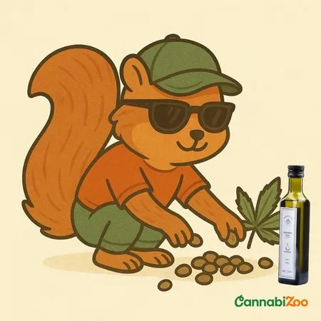 Voverė su kepure ir saulės akinių rinko kanapių sėklas, iš kurių gaminamas kanapių aliejus. Dešinėje matomas kanapių aliejus kartu su CannabiZoo logotipu