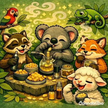 Mýval, koala, liška a ovečka užívající koncentráty: vaporizace, dabbing, kouření, vpravo dole logo CannabiZoo
