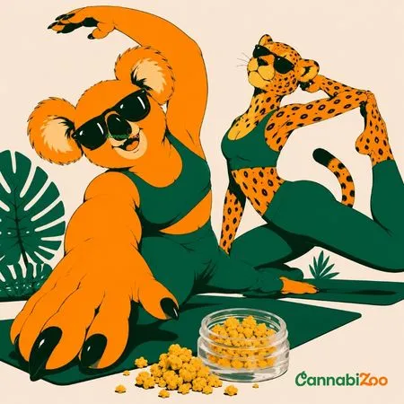 Ilustração de um coala e um guepardo com crumble, um concentrado de cannabis macio e quebradiço comumente usado para dabbing e vaporização