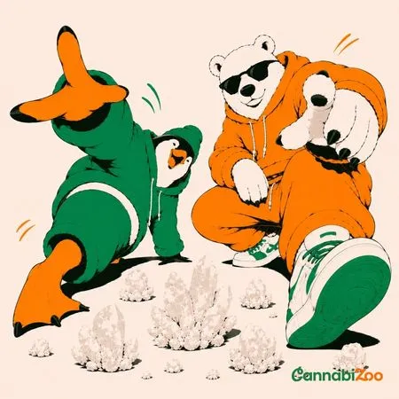 Ilustração de um pinguim e um urso polar com cristais de cannabis representando um concentrado de cannabis altamente purificado em forma de cristais