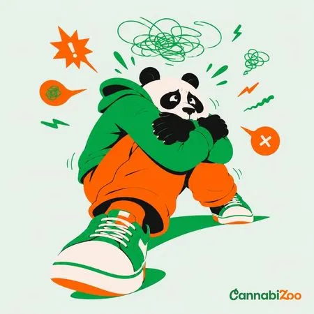 Illustration of a sad panda in bed, depicting stress and insomnia in relation to the endocannabinoid system (ECS); the CannabiZoo logo is shown at the bottom right