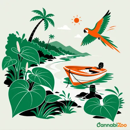 Costa tropical con plantas de kava kava, un barco fondeado y un loro.