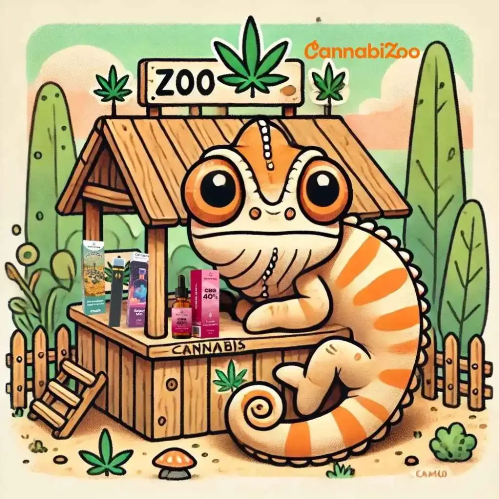 Az illusztrált kamaleon a kender standjánál van, ahol CBG termékek, mint a CBG olaj, vape és preroll található