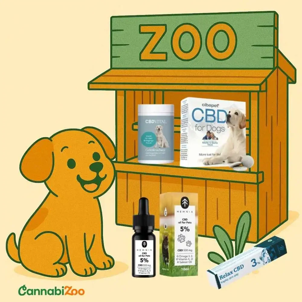 Cheerful illustrated dog sitting at a wooden CannabiZoo stand with products on display – CBD oils, capsules and dietary supplements for dogs