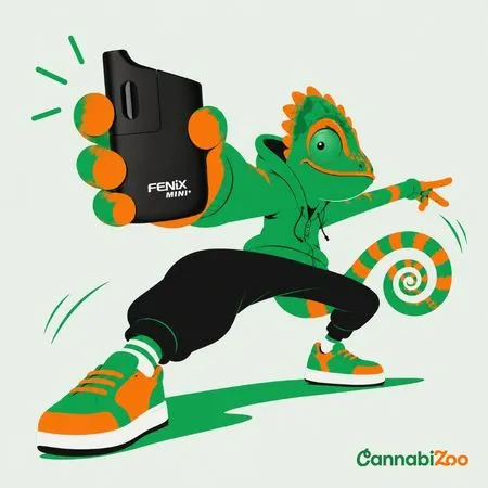 Illustratie in CannabiZoo-stijl van een kameleon die een Fenix Mini draagbare verdamper vasthoudt, bij een artikel over vapen, soorten verdampers en hoe ze werken