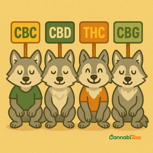 CBC, CBD, THC ja CBG: kanepi neli peamist kannabinoidi, nagu reas istuvad hundid, CanabiZoo logo paremal all.
