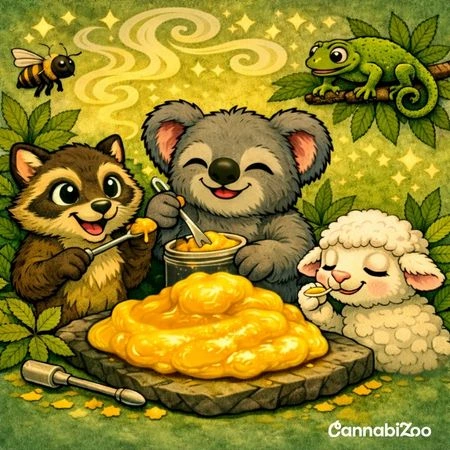 Mýval, koala, ovečka, chameleon a včela a budder, vpravo dole logo CannabiZoo