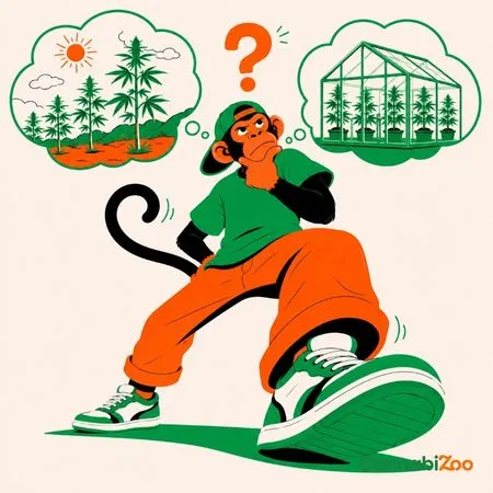 Iliustruota beždžionė su kepure svarsto skirtingus kanapių sėklų tipus—fotoperiodines vs. automatinio žydėjimo; CannabiZoo logotipas parodytas apačioje dešinėje