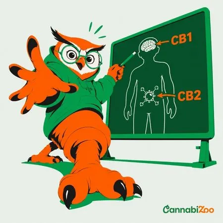 The owl on the board shows that CB1 receptors are found mainly in the brain and CB2 receptors in immune tissue; the CannabiZoo logo is at the bottom right