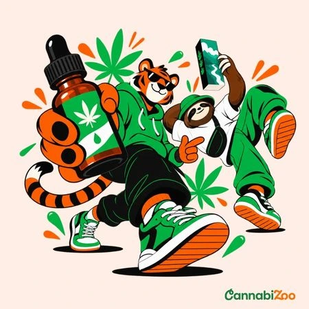 Dovendyr og tiger med CBD-produkter; CannabiZoo-logoet er i nederste højre hjørne