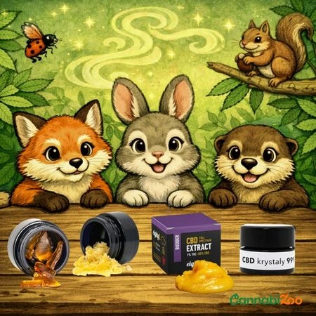 Zvířátka koukající na produkty konopné koncentráty a extrakty, vpravo dole logo CannabiZoo